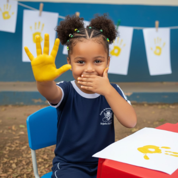 escola anjinho da guarda criança com mão suja de tinta 4