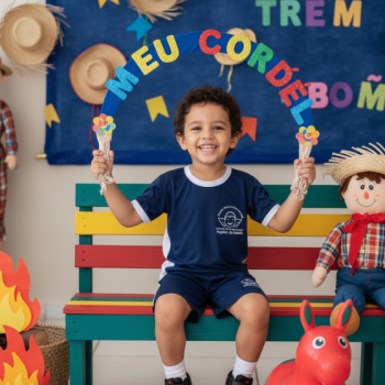escola anjinho da guarda crianca segurando faixa de cordel